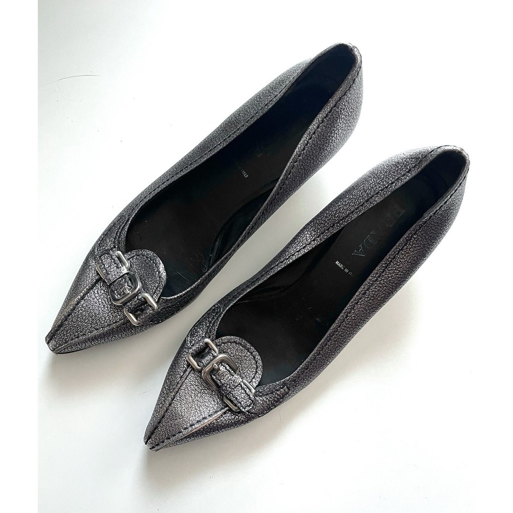 Vintage Y2k Prada Pointed Toe Gray Kitten Heels Leather Buckle Detail 90s 38 - Picture 3 of 16